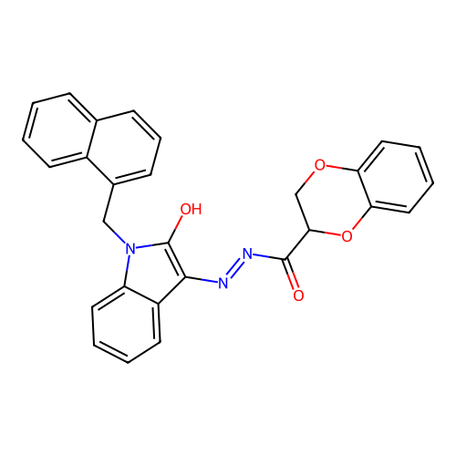 (E)-N'-(1-(naphthalen-1-ylmethyl)-2-oxoindolin-3-ylidene)-2,3-dihydrobenzo[b][1,4]dioxine-2-carbohydrazide structure