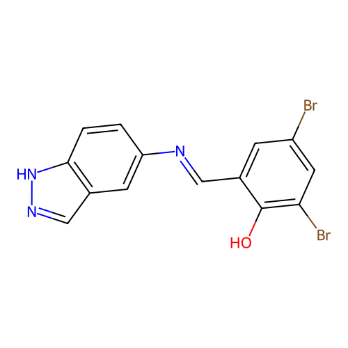 2,4-dibromo-6-[(1H-indazol-5-ylimino)methyl]phenol structure