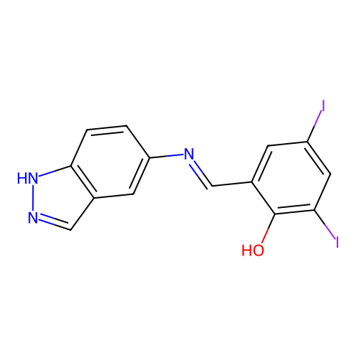 2-[(E)-(1H-indazol-5-ylimino)methyl]-4,6-diiodophenol structure