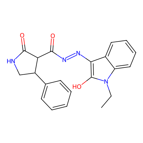 (E)-N'-(1-ethyl-2-oxoindolin-3-ylidene)-2-oxo-4-phenylpyrrolidine-3-carbohydrazide structure