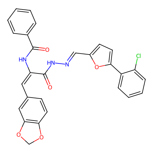N-{(1E)-1-(1,3-benzodioxol-5-yl)-3-[(2E)-2-{[5-(2-chlorophenyl)furan-2-yl]methylidene}hydrazinyl]-3-oxoprop-1-en-2-yl}benzamide structure