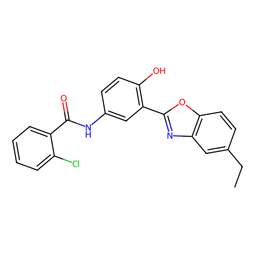 (2-chlorophenyl)-N-[3-(5-ethylbenzoxazol-2-yl)-4-hydroxyphenyl]carboxamide structure