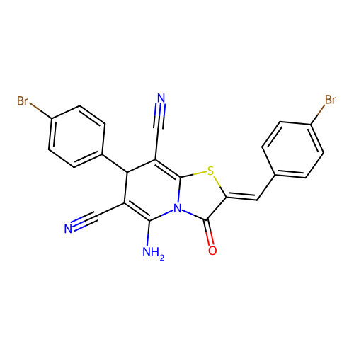 5-amino-7-(4-bromophenyl)-2-[(4-bromophenyl)methylene]-3-oxo-4,7-dihydro-1,3-t hiazolidino[3,2-a]pyridine-6,8-dicarbonitrile structure