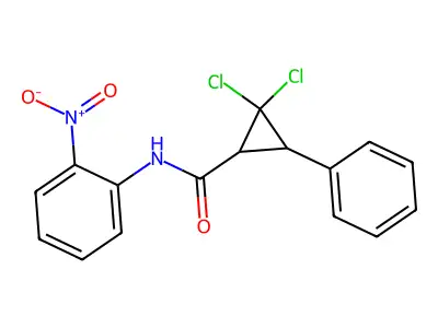 2,2-dichloro-N-(2-nitrophenyl)-3-phenylcyclopropane-1-carboxamide structure