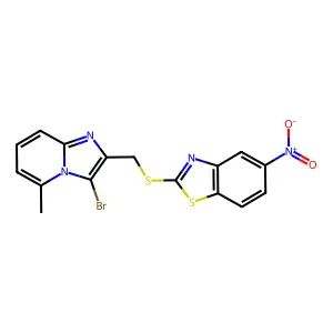 2-(((3-bromo-5-methylimidazo[1,2-a]pyridin-2-yl)methyl)thio)-5-nitrobenzo[d]thiazole structure
