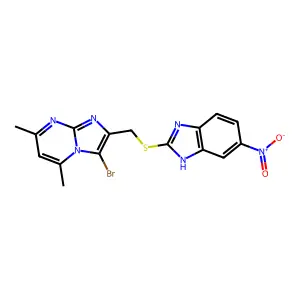 3-bromo-5,7-dimethyl-2-(((5-nitro-1H-benzo[d]imidazol-2-yl)thio)methyl)imidazo[1,2-a]pyrimidine structure