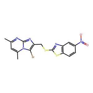 2-(((3-bromo-5,7-dimethylimidazo[1,2-a]pyrimidin-2-yl)methyl)thio)-5-nitrobenzo[d]thiazole structure
