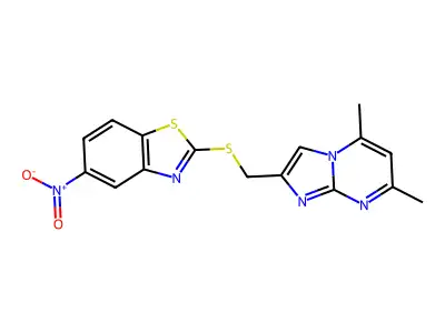 2-(((5,7-dimethylimidazo[1,2-a]pyrimidin-2-yl)methyl)thio)-5-nitrobenzo[d]thiazole structure