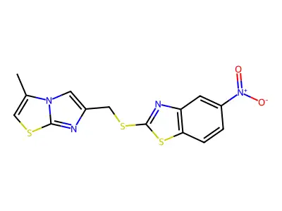 2-(((3-Methylimidazo[2,1-b]thiazol-6-yl)methyl)thio)-5-nitrobenzo[d]thiazole structure