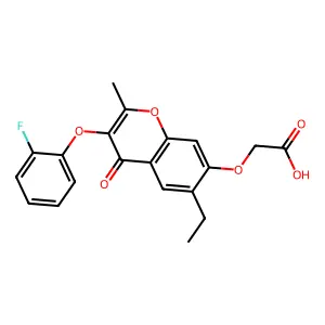 2-((6-ethyl-3-(2-fluorophenoxy)-2-methyl-4-oxo-4H-chromen-7-yl)oxy)acetic acid structure