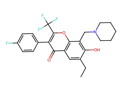 6-ethyl-3-(4-fluorophenyl)-7-hydroxy-8-(piperidin-1-ylmethyl)-2-(trifluoromethyl)-4H-chromen-4-one structure