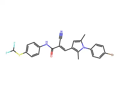 (E)-3-[1-(4-bromophenyl)-2,5-dimethylpyrrol-3-yl]-2-cyano-N-[4-(difluoromethylsulfanyl)phenyl]prop-2-enamide structure
