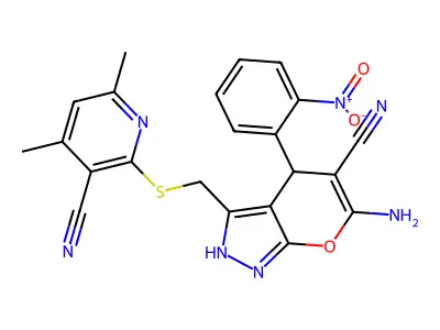 2-({[6-amino-5-cyano-4-(2-nitrophenyl)-1H,4H-pyrano[2,3-c]pyrazol-3-yl]methyl}sulfanyl)-4,6-dimethylpyridine-3-carbonitrile structure