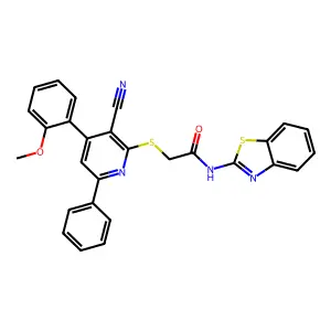 N-(1,3-benzothiazol-2-yl)-2-[3-cyano-4-(2-methoxyphenyl)-6-phenylpyridin-2-yl]sulfanylacetamide structure