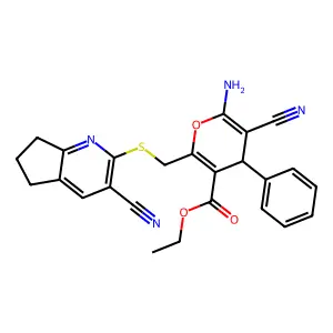 ethyl 6-amino-5-cyano-2-[(3-cyano-6,7-dihydro-5H-cyclopenta[b]pyridin-2-yl)sulfanylmethyl]-4-phenyl-4H-pyran-3-carboxylate structure