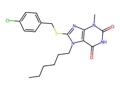 8-[(4-chlorobenzyl)sulfanyl]-7-hexyl-3-methyl-3,7-dihydro-1H-purine-2,6-dione structure