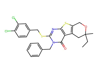 3-benzyl-2-[(3,4-dichlorobenzyl)sulfanyl]-6-ethyl-6-methyl-3,5,6,8-tetrahydro-4H-pyrano[4',3':4,5]thieno[2,3-d]pyrimidin-4-one structure