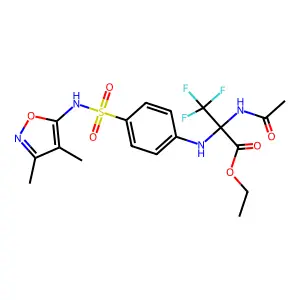 ethyl 2-acetamido-2-((4-(N-(3,4-dimethylisoxazol-5-yl)sulfamoyl)phenyl)amino)-3,3,3-trifluoropropanoate structure