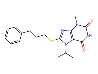 3-Methyl-8-(3-phenylpropylsulfanyl)-7-propan-2-ylpurine-2,6-dione structure