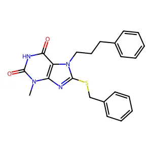 8-(benzylsulfanyl)-3-methyl-7-(3-phenylpropyl)-3,7-dihydro-1H-purine-2,6-dione structure