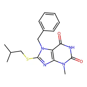 7-benzyl-8-(isobutylthio)-3-methyl-1H-purine-2,6(3H,7H)-dione structure