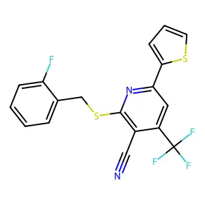 2-[(2-fluorophenyl)methylsulfanyl]-6-thiophen-2-yl-4-(trifluoromethyl)pyridine-3-carbonitrile structure