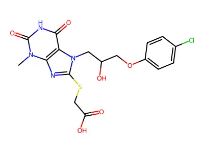 2-[7-[3-(4-chlorophenoxy)-2-hydroxypropyl]-3-methyl-2,6-dioxopurin-8-yl]sulfanylacetic acid structure