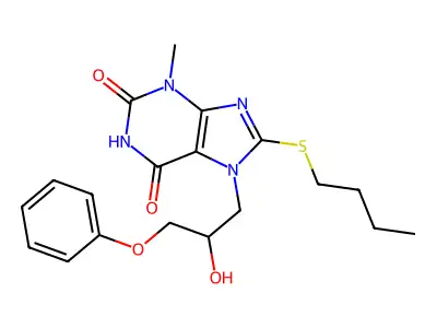 8-(butylthio)-7-(2-hydroxy-3-phenoxypropyl)-3-methyl-1H-purine-2,6(3H,7H)-dione structure