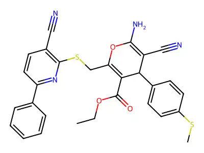 ethyl 6-amino-5-cyano-2-{[(3-cyano-6-phenylpyridin-2-yl)sulfanyl]methyl}-4-[4-(methylsulfanyl)phenyl]-4H-pyran-3-carboxylate structure