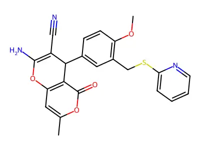2-amino-4-{4-methoxy-3-[(2-pyridinylsulfanyl)methyl]phenyl}-7-methyl-5-oxo-4H,5H-pyrano[4,3-b]pyran-3-carbonitrile structure