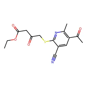 Ethyl 4-[(5-acetyl-3-cyano-6-methylpyridin-2-yl)sulfanyl]-3-oxobutanoate structure