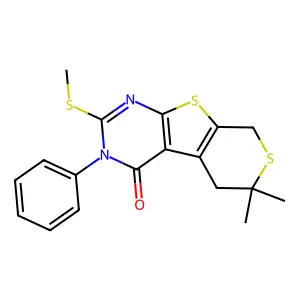6,6-dimethyl-2-(methylsulfanyl)-3-phenyl-3,5,6,8-tetrahydro-4H-thiopyrano[4',3':4,5]thieno[2,3-d]pyrimidin-4-one structure