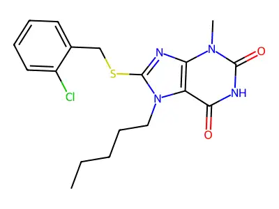 8-[(2-chlorobenzyl)sulfanyl]-3-methyl-7-pentyl-3,7-dihydro-1H-purine-2,6-dione structure