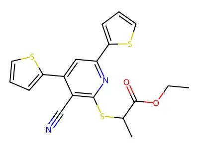 Ethyl 2-((3-cyano-4,6-di(thiophen-2-yl)pyridin-2-yl)thio)propanoate structure