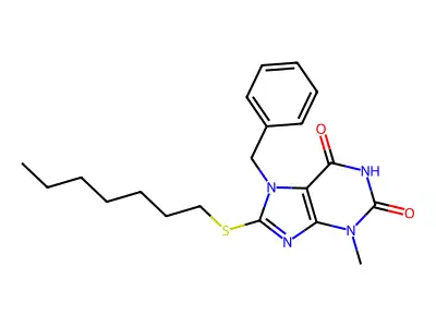 7-benzyl-8-(heptylsulfanyl)-3-methyl-3,7-dihydro-1H-purine-2,6-dione structure