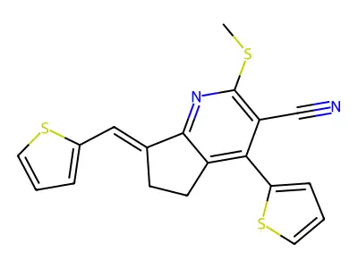 2-methylsulfanyl-4-thiophen-2-yl-7-(thiophen-2-ylmethylidene)-5,6-dihydrocyclopenta[b]pyridine-3-carbonitrile structure