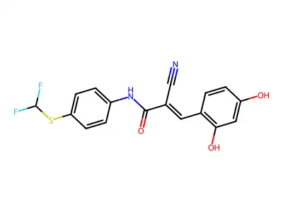 (E)-2-cyano-N-[4-(difluoromethylsulfanyl)phenyl]-3-(2,4-dihydroxyphenyl)prop-2-enamide structure