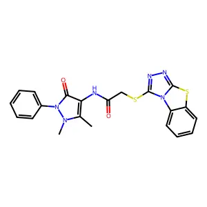 N-(1,5-dimethyl-3-oxo-2-phenylpyrazol-4-yl)-2-([1,2,4]triazolo[3,4-b][1,3]benzothiazol-1-ylsulfanyl)acetamide structure