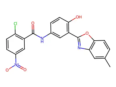 2-chloro-N-[4-hydroxy-3-(5-methyl-1,3-benzoxazol-2-yl)phenyl]-5-nitrobenzamide structure