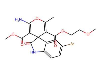 5-O'-(2-methoxyethyl) 3-O'-methyl 2'-amino-5-bromo-6'-methyl-2-oxospiro[1H-indole-3,4'-pyran]-3',5'-dicarboxylate structure