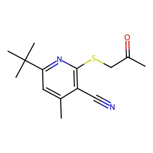 6-Tert-butyl-4-methyl-2-(2-oxopropylsulfanyl)pyridine-3-carbonitrile structure