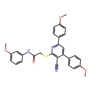 2-[3-cyano-4,6-bis(4-methoxyphenyl)pyridin-2-yl]sulfanyl-N-(3-methoxyphenyl)acetamide structure