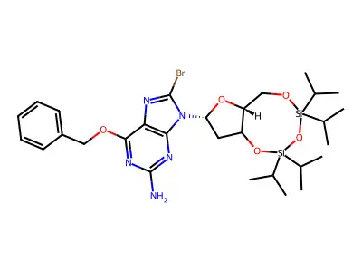 O6-Benzyl-8-bromo-3',5'-O(1,1,3,3-tetrakis(isopropyl)-1,3-disiloxanediyl)2'-deoxyguanine structure