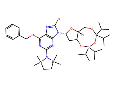 N2-(1,1,4,4-Tetramethyldisilylazacyclopentanyl)-O6-benzyl-8-bromo-N9-[3',5'-O-(1,1,3,3-tetrakis(isopropyl)-1,3-disiloxanediyl)--D-2'-deoxyribofuranosyl]guanine structure