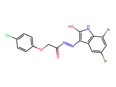 2-(4-chlorophenoxy)-N'-[(3E)-5,7-dibromo-2-oxo-1,2-dihydro-3H-indol-3-ylidene]acetohydrazide structure