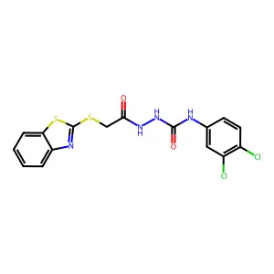 2-benzothiazol-2-ylthio-N-{[N-(3,4-dichlorophenyl)carbamoyl]amino}acetamide structure