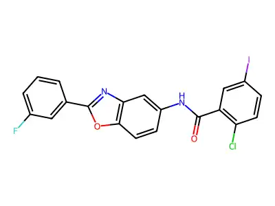 2-chloro-N-[2-(3-fluorophenyl)-1,3-benzoxazol-5-yl]-5-iodobenzamide structure