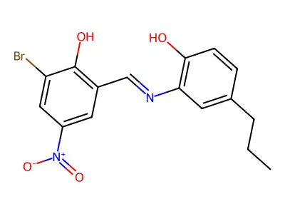 2-bromo-6-{(E)-[(2-hydroxy-5-propylphenyl)imino]methyl}-4-nitrophenol structure