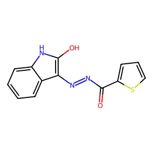 N'-[(3E)-2-oxo-1,2-dihydro-3H-indol-3-ylidene]thiophene-2-carbohydrazide structure