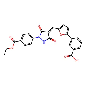 3-{5-[(Z)-{1-[4-(ethoxycarbonyl)phenyl]-3,5-dioxopyrazolidin-4-ylidene}methyl]furan-2-yl}benzoic acid structure